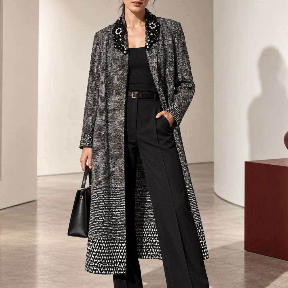 Marina Rinaldi Jeweled Collar Tweed Duster Coat 23 US 14W Black White Made Italy